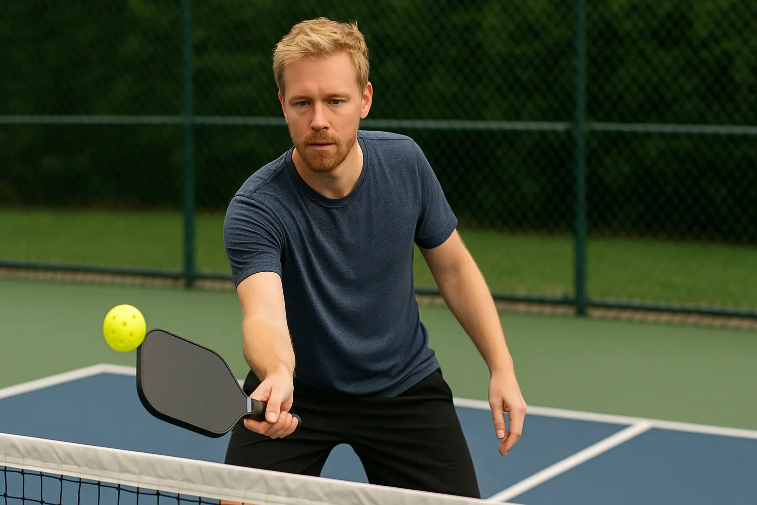 Blond man in his 30s performing a controlled pickleball dink shot at the net