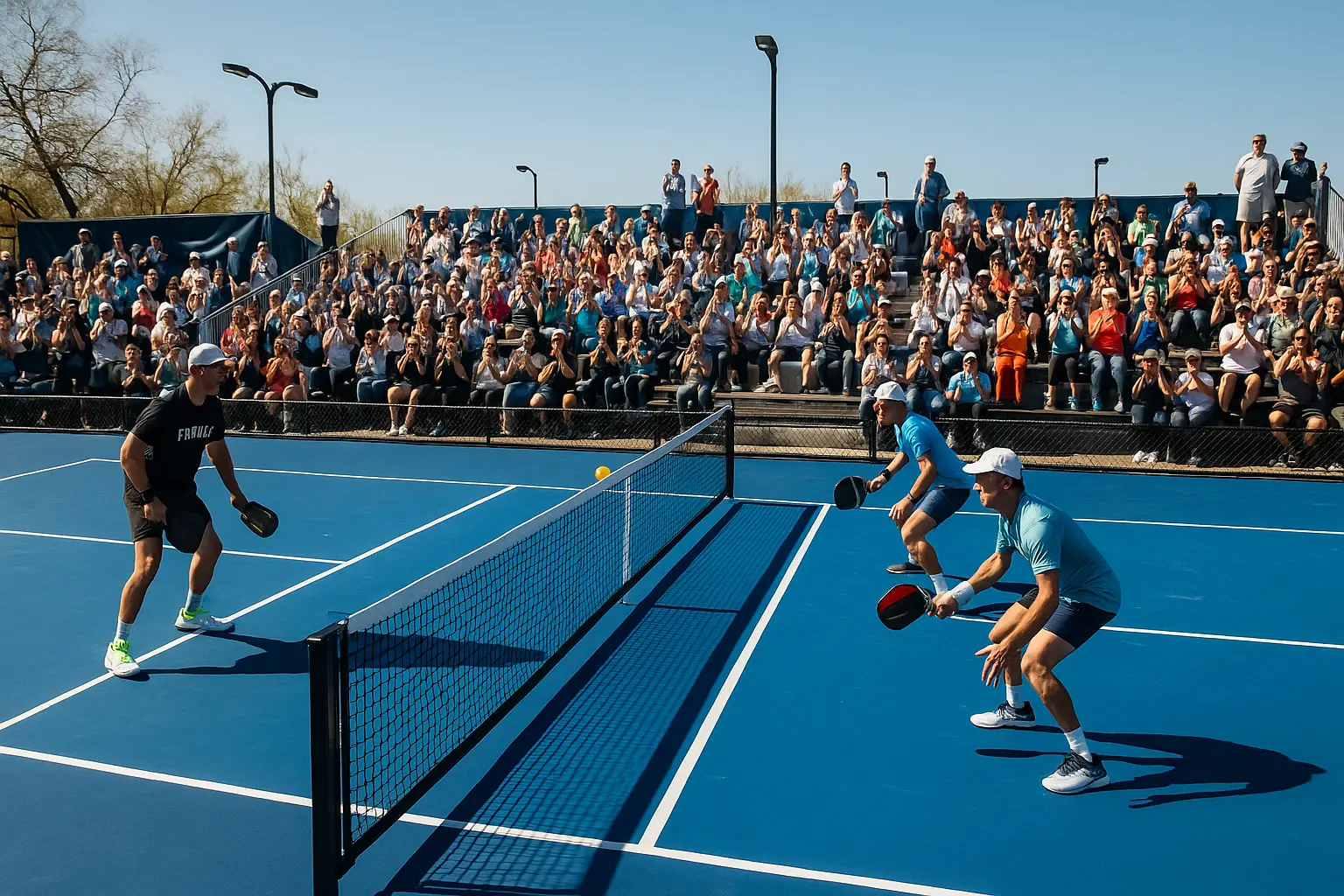 Professional players competing in a Pickleball Championship match with a cheering audience in the background