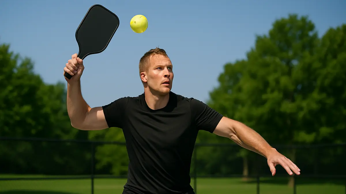 Young blond man executing a powerful pickleball smash as part of Pickleball Serving Basics on an outdoor court